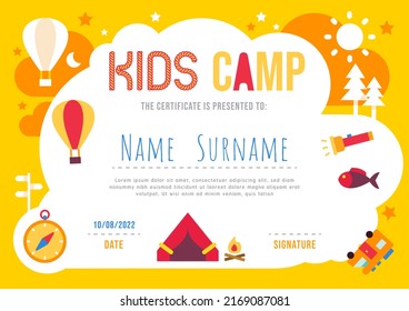 Certificate Summer Camp Kids Diploma, Kindergarten Template Layout Nature Eco Vector.