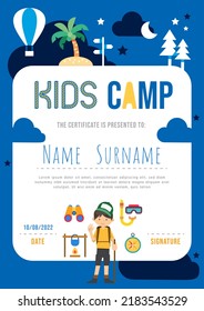 Certificado de diploma para niños de campamento de verano, diseño de plantilla de kindergarten tipo eco vector de la naturaleza.