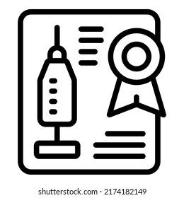 Vector de contorno del icono de la jeringa del certificado. Test pcr. Viajes de salud
