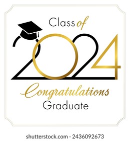 Certificate template for 2024 graduate. Class of 2024 school banner. Diploma design. Creative number and typography with golden elements. Sample postcard. Document template. Invitation concept.