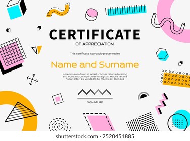Certificate template with abstract geometric Memphis shapes, vector background. Diploma, education award or appreciation certificate template with Memphis pattern lines and minimal geometric shapes