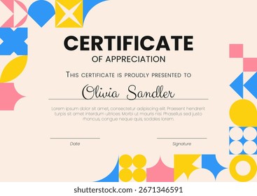 Certificate template with abstract geometric pattern, shapes and vibrant colors in Bauhaus style. Award layout, honor diploma. Vector illustration