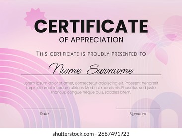 Certificate Template with Abstract Gradient Geometric Purple Shapes. Award layout, honor Diploma. Vector Illustration