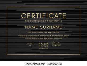 Certificate template with abstract line pattern and gold frame on black background. Vector stripe design for Diploma, certificate of appreciation or award