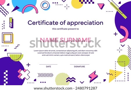 Certificate template with abstract memphis shapes. Vector diploma, appreciation frame with vibrant colors, placeholder for recipient name, date and signature, surrounded by playful geometric elements