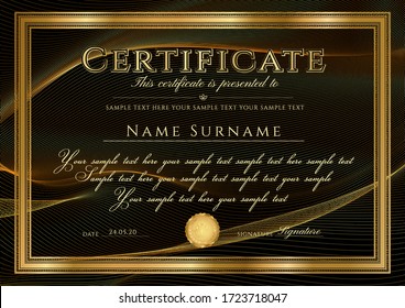 Certificate template with abstract particle lines (Guilloche pattern), golden frame border and gold emblem. Dark background for Diploma design, deed, certificate of appreciation, achievement award