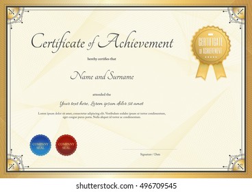 Certificate template for achievement, appreciation or completion in gold theme