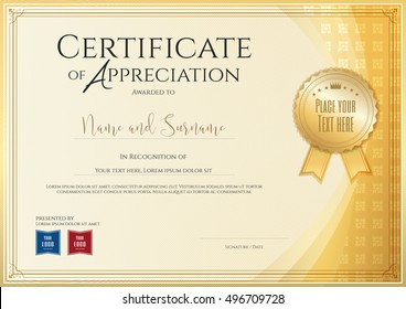 Certificate template for achievement, appreciation or completion in gold theme with applied Thai art background