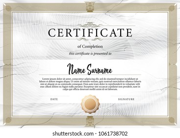 Certificate template in for achievement graduation completion and diplomas. Vector illustration. Strict, simple symmetrical design of certificate with white marble texture.