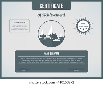Certificate template for achievement. Gray certificate design with mountains and clouds. Web cetrification design layout.