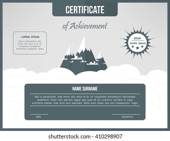 Certificate template for achievement. Gray certificate design with mountains and clouds. Web certification design layout.
