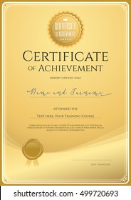 Certificate template for achievement in portrait, appreciation or completion in gold theme with wax seal and swirl background 