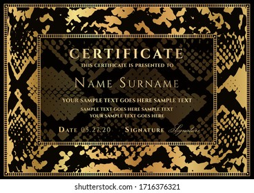 Certificate template with animal print (snake skin) border. Stylish frame pattern for creative modern people. Fashionable Premium vector design in black and gold color