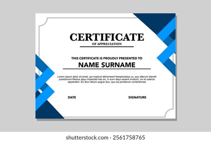 certificate template for appreciation in blue color.