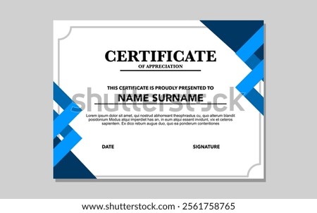 certificate template for appreciation in blue color.