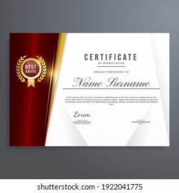 Plantilla de certificado de apreciación con color dorado y rojo, diseño simple y elegante