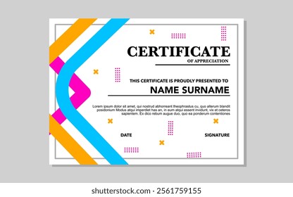 certificate template for appreciation with orange, pink and blue colors.