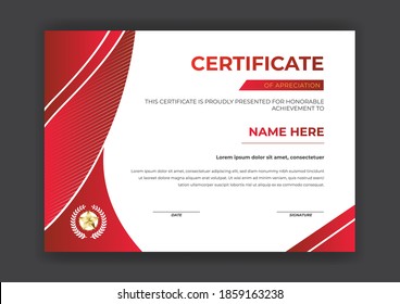 Certificate template with a badge and red color modern shape