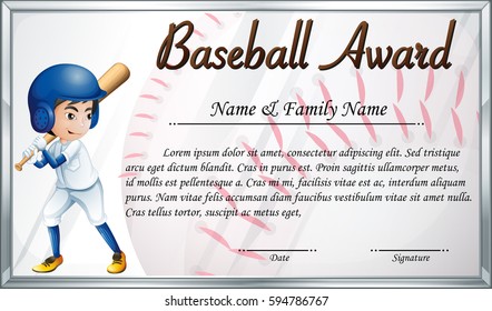 Certificate template for baseball award with baseball player background illustration