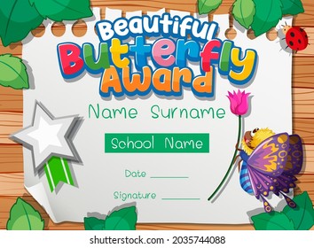 Certificate template with Beautiful Butterfly Award illustration