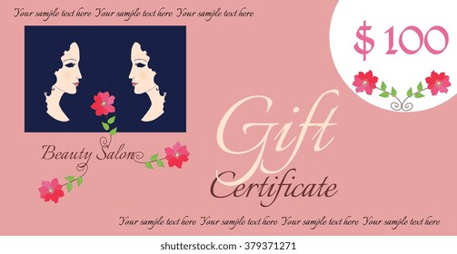 Certificate template with beautiful girl and flowers. Concept for beauty or spa salon. Vector illustration. 