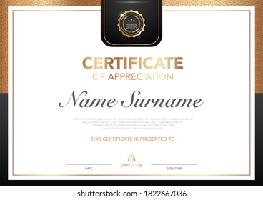 Certificate template black and gold with luxury style image. Diploma of geometric modern design. eps10 vector.