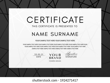 Certificate template with black line pattern frame and geometry white background. Vector modern design for Diploma, certificate of appreciation or award