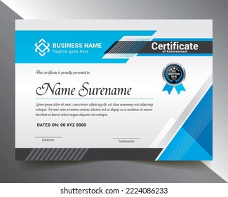 Certificate Template with blue and black design element, white background for multipurpose use.