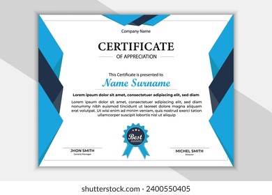 Plantilla de certificado con elemento de diseño azul y negro, fondo blanco para uso multipropósito.