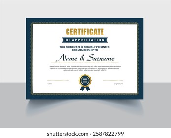 Certificate template with blue border and gold ribbon.