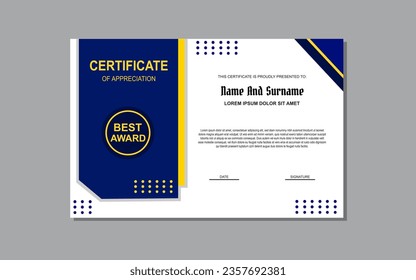 plantilla de certificado en color azul elegante estilo para premio.