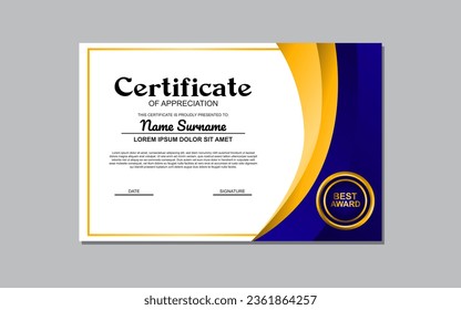  La "Plantilla de Certificados con Diseño Azul y Oro" es un diseño elegante y personalizable adecuado para la creación de certificados formales o premios con un toque de sofisticación.