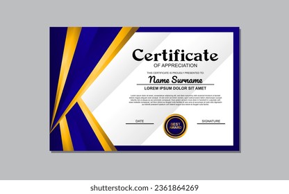  La "Plantilla de Certificados con Diseño Azul y Oro" es un diseño elegante y personalizable adecuado para la creación de certificados formales o premios con un toque de sofisticación.