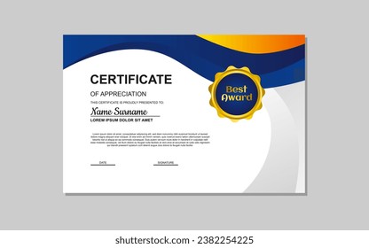 certificate template in blue and orange abstract style for appreciation of business, education. certificate design for appreciation.