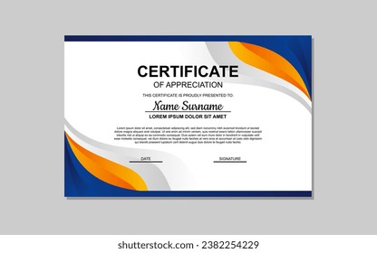 certificate template in blue and orange abstract style for appreciation of business, education. certificate design for appreciation.