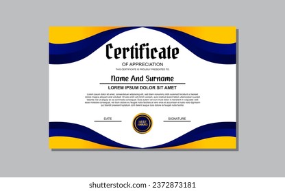 a certificate template with a blue and orange wavy design