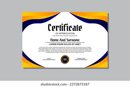 a certificate template with a blue and orange wavy design