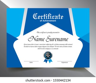 Certificate Template with Blue & Silver Color Variation for multipurpose use like- Achievement, Diploma, Award, Graduation, Completion, Appreciation, Acknowledgement, Recognition etc.