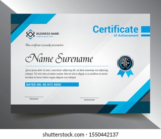 Certificate Template with Blue & Silver Color Variation for multipurpose use like- Achievement, Diploma, Award, Graduation, Completion, Appreciation, Acknowledgement, Recognition etc.