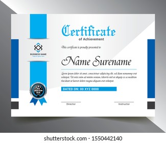 Certificate Template with Blue & Silver Color Variation for multipurpose use like- Achievement, Diploma, Award, Graduation, Completion, Appreciation, Acknowledgement, Recognition etc.