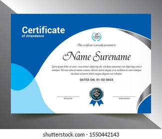 Certificate Template with Blue & Silver Color Variation for multipurpose use like- Achievement, Diploma, Award, Graduation, Completion, Appreciation, Acknowledgement, Recognition etc.