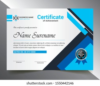 Certificate Template with Blue & Silver Color Variation for multipurpose use like- Achievement, Diploma, Award, Graduation, Completion, Appreciation, Acknowledgement, Recognition etc.