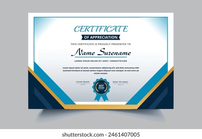 Certificado de Plantilla con la variación de color azul y plateado para uso multipropósito como logro, diploma, premio, graduación, finalización, apreciación, etc.