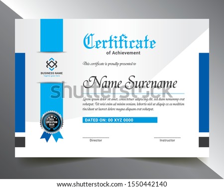Certificate Template with Blue & Silver Color Variation for multipurpose use like- Achievement, Diploma, Award, Graduation, Completion, Appreciation, Acknowledgement, Recognition etc.