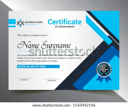 Certificate Template with Blue & Silver Color Variation for multipurpose use like- Achievement, Diploma, Award, Graduation, Completion, Appreciation, Acknowledgement, Recognition etc.