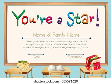 Certificate template with books in classroom background illustration