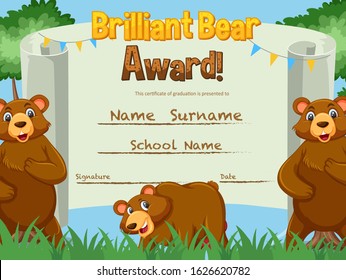 Plantilla de certificado para el premio de oso brillante con osos en ilustración de fondo
