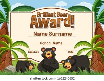 Certificate template for brillant bear award with bears in background illustration