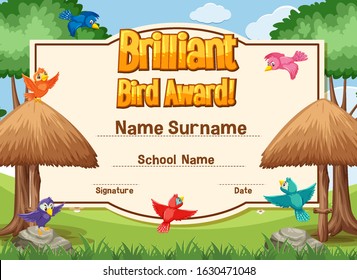 Certificate template for brillant bird award with birds flying illustration