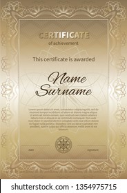 Certificate template for business or graduation. Gold. Vector.